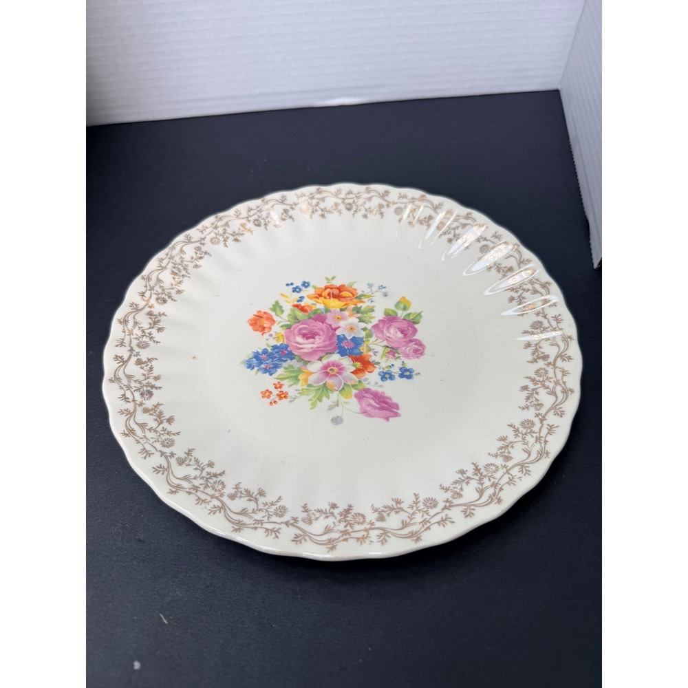 Vintage Cottagecore Southern Potteries Floral Dinner Plate 22Kt Gold Filigree